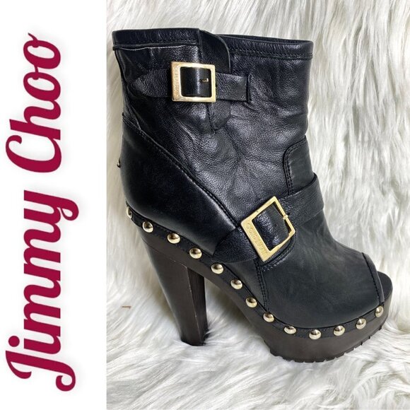 JIMMY CHOO Black Leather Studded Platform Peep Toe Biker Booties, Size 38 - Picture 5 of 8